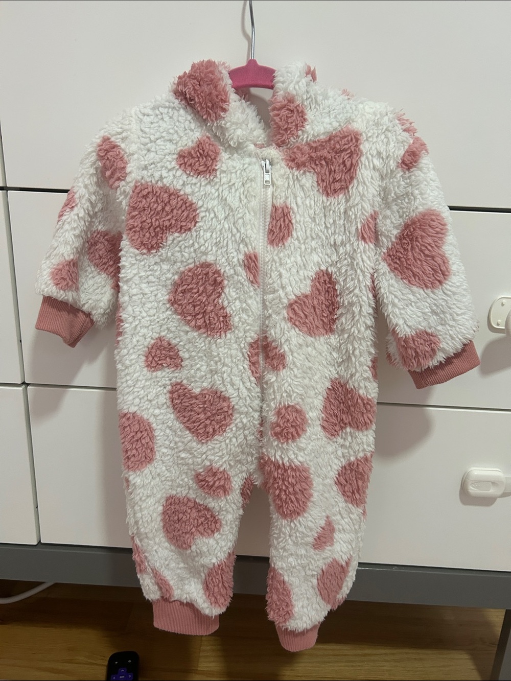 SHEIN White Sherpa Footie with Pink Heart Print